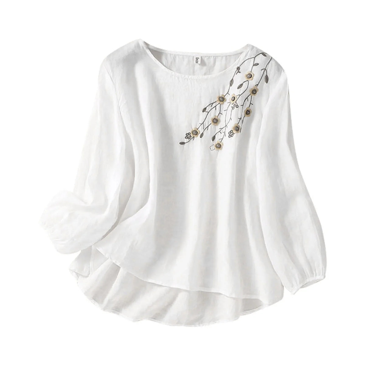 Ava | Embroidered Round-Neck Blouse with Long Puff Sleeves for Women