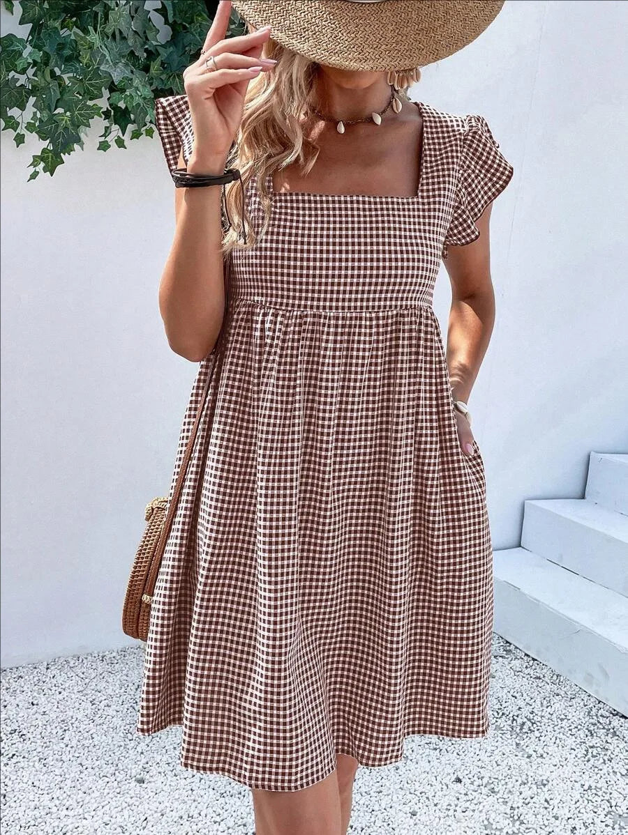 Tessa | Gingham Square Neck A-Line Midi Dress for Women
