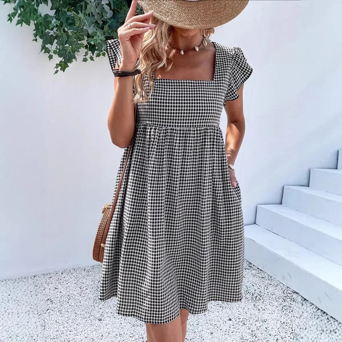 Tessa | Gingham Square Neck A-Line Midi Dress for Women