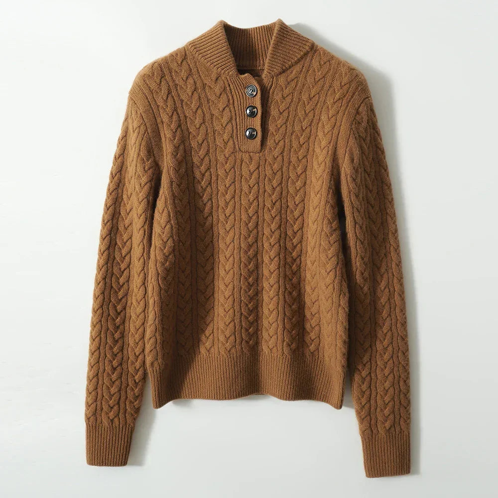Freja | Button-Up Cable Knit Sweater with Ribbed Hem for Women
