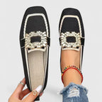 Ines | Jewel Buckle Square Toe Knit Loafers for Women