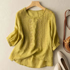 Ava | Embroidered Round-Neck Blouse with Long Puff Sleeves for Women
