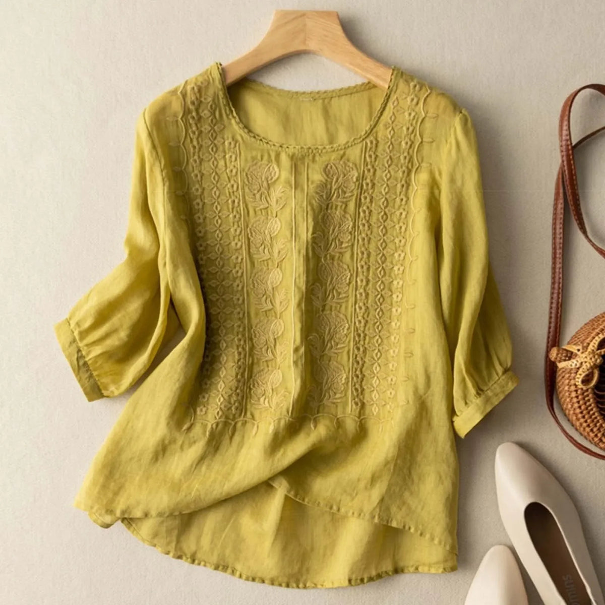 Ava | Embroidered Round-Neck Blouse with Long Puff Sleeves for Women