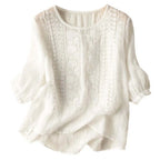 Ava | Embroidered Round-Neck Blouse with Long Puff Sleeves for Women