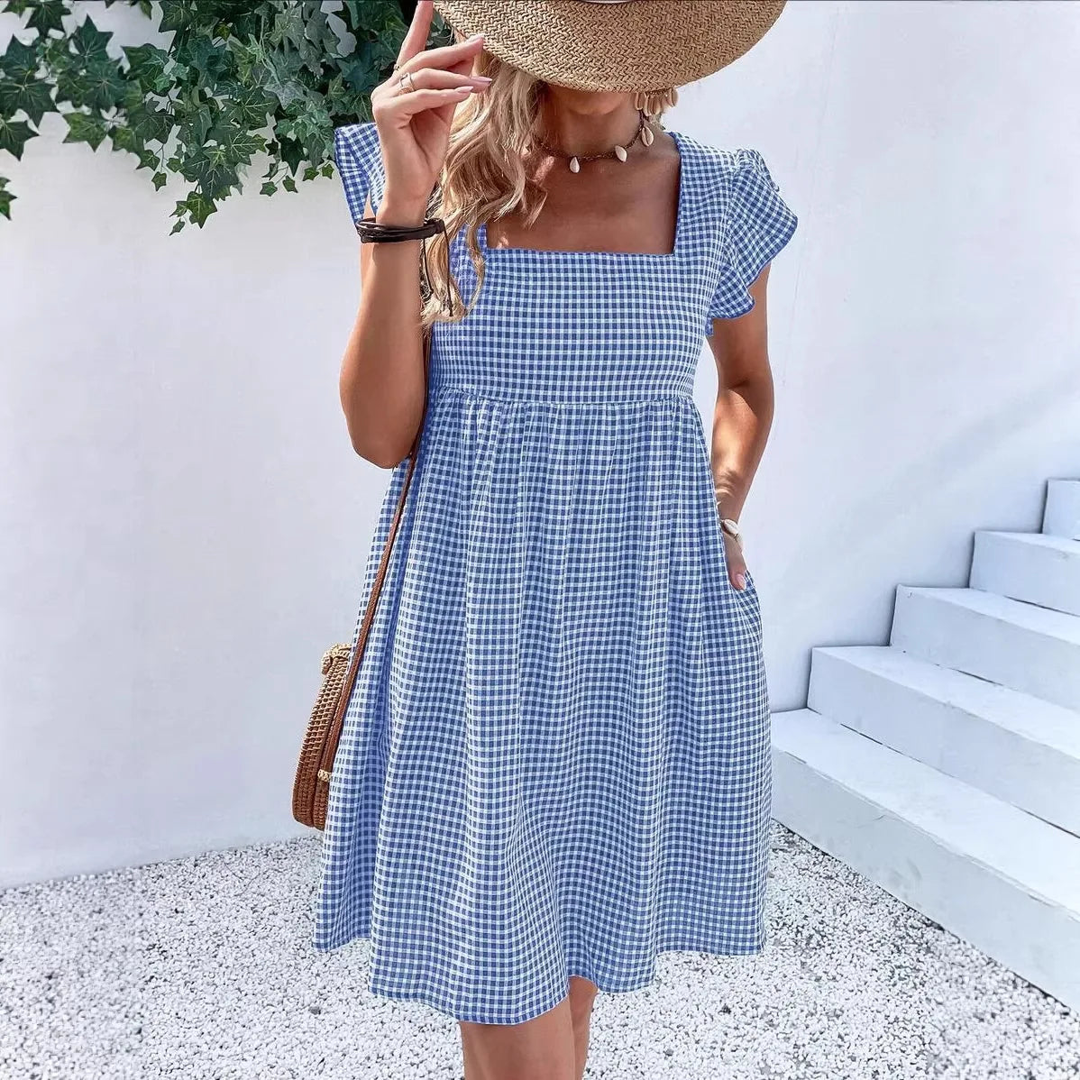 Tessa | Gingham Square Neck A-Line Midi Dress for Women