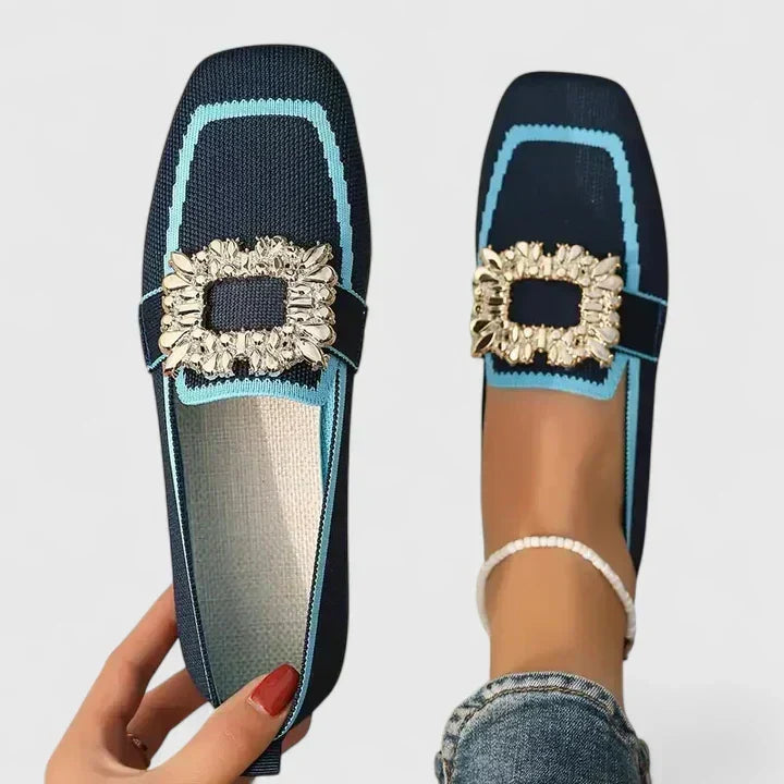 Ines | Jewel Buckle Square Toe Knit Loafers for Women