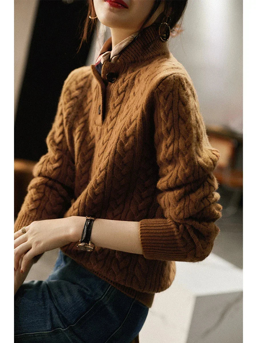 Freja | Button-Up Cable Knit Sweater with Ribbed Hem for Women