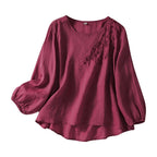 Ava | Embroidered Round-Neck Blouse with Long Puff Sleeves for Women