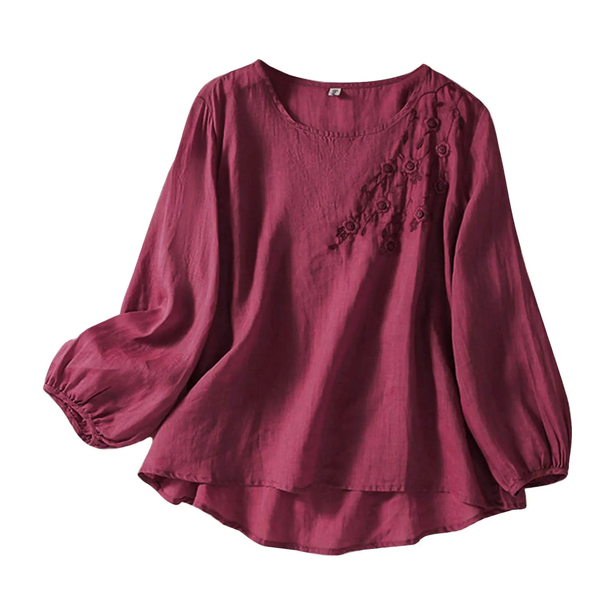 Ava | Embroidered Round-Neck Blouse with Long Puff Sleeves for Women