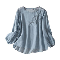 Ava | Embroidered Round-Neck Blouse with Long Puff Sleeves for Women