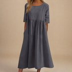 Mila | Gathered Waist Midi Dress with Three-Quarter Sleeves