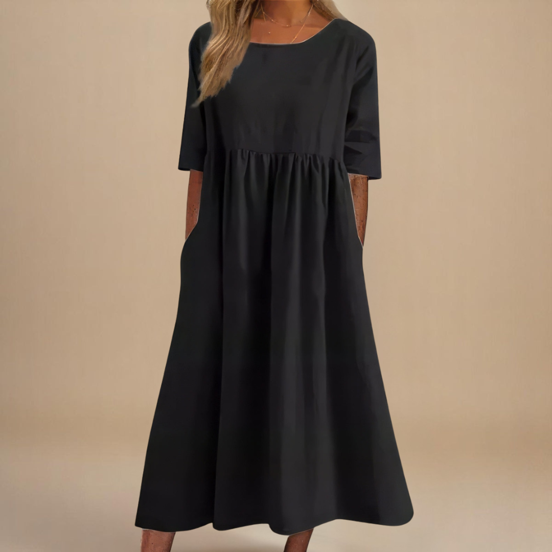 Mila | Gathered Waist Midi Dress with Three-Quarter Sleeves