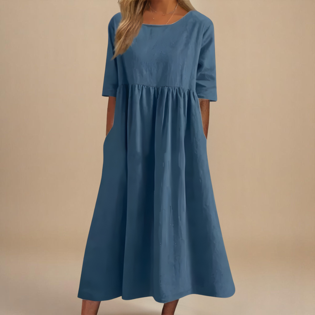 Mila | Gathered Waist Midi Dress with Three-Quarter Sleeves