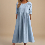 Mila | Gathered Waist Midi Dress with Three-Quarter Sleeves