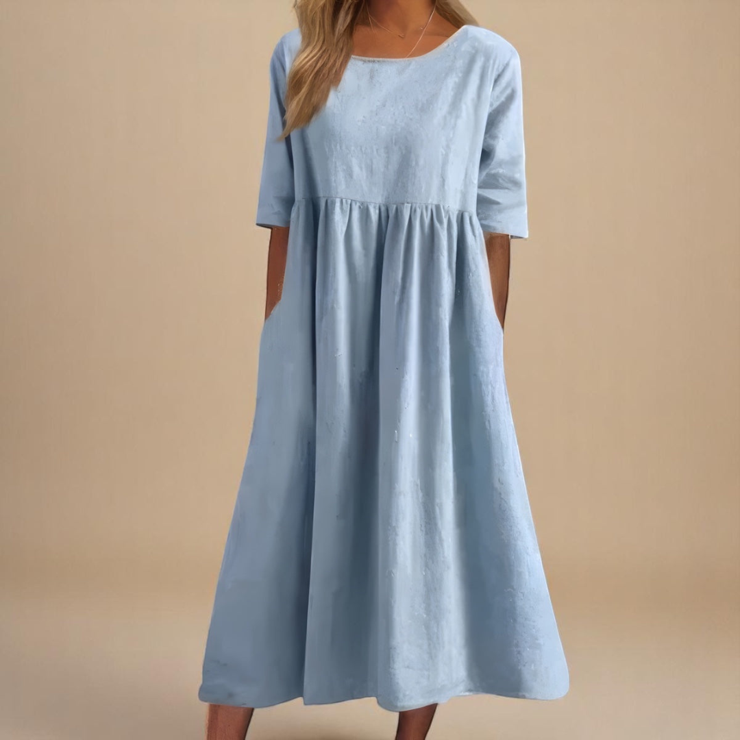 Mila | Gathered Waist Midi Dress with Three-Quarter Sleeves