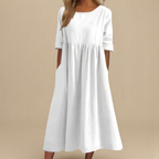 Mila | Gathered Waist Midi Dress with Three-Quarter Sleeves