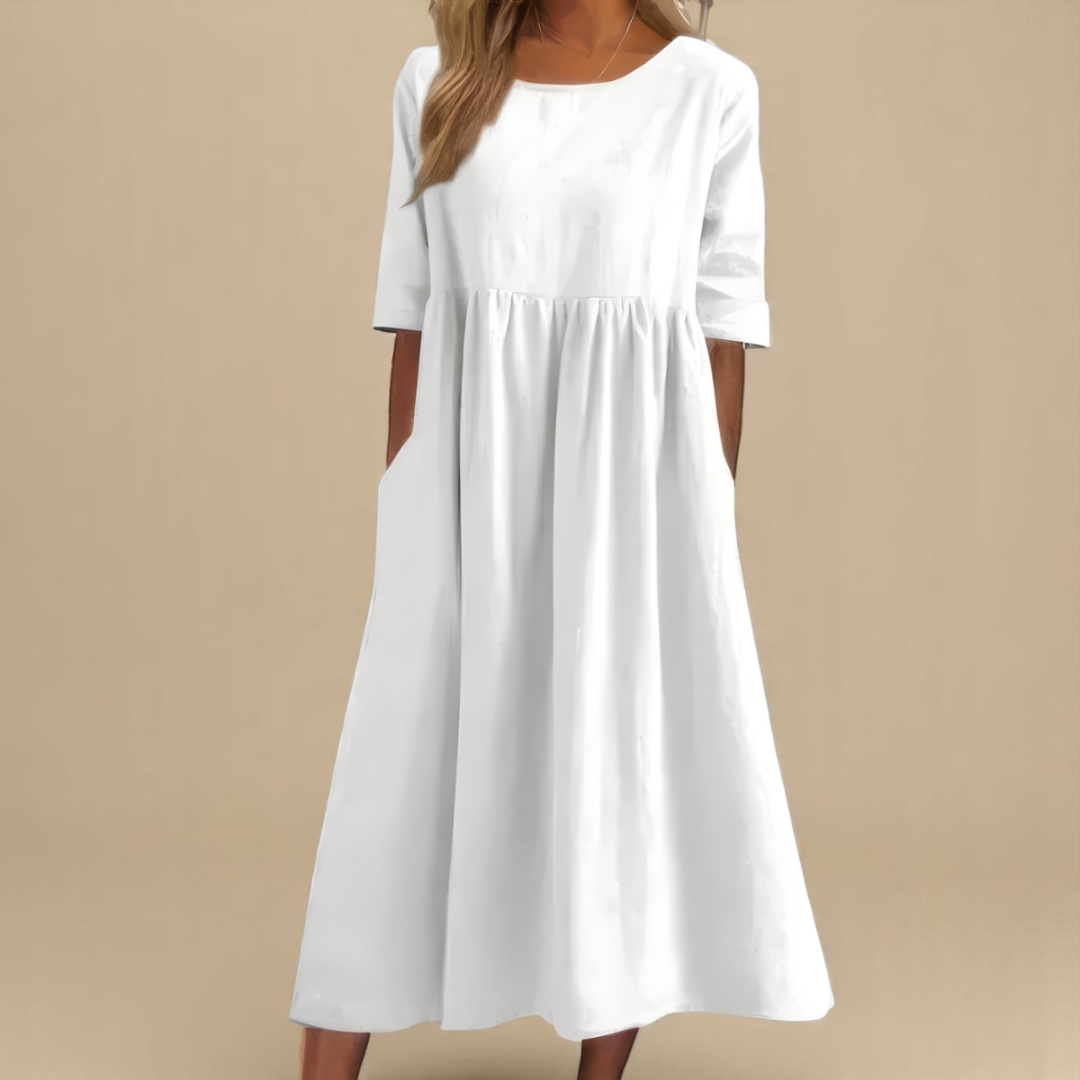 Mila | Gathered Waist Midi Dress with Three-Quarter Sleeves