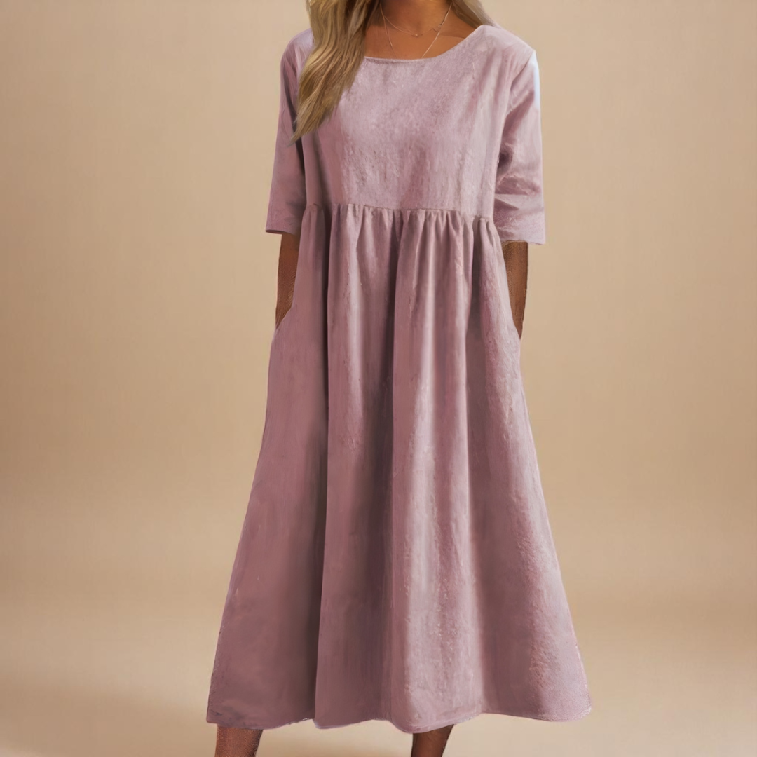 Mila | Gathered Waist Midi Dress with Three-Quarter Sleeves