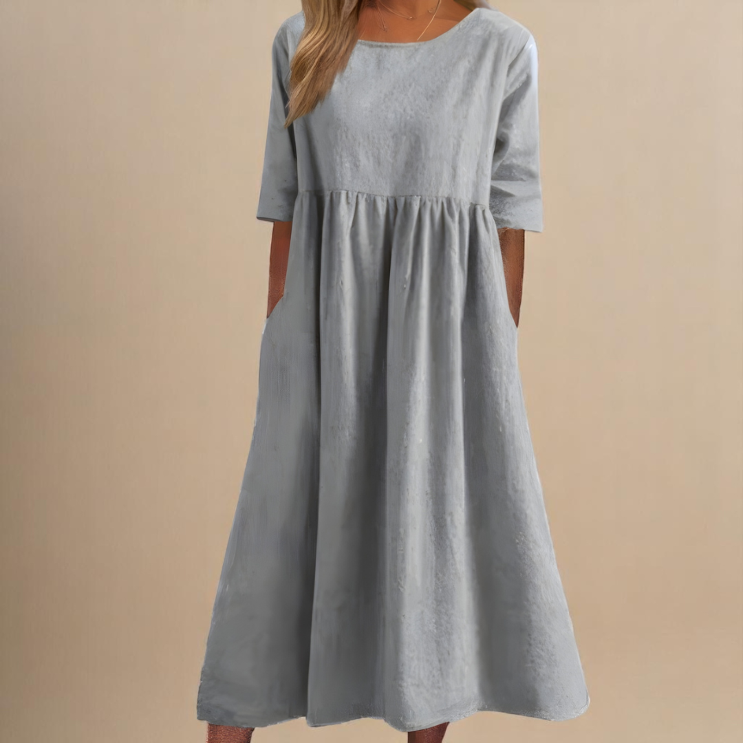 Mila | Gathered Waist Midi Dress with Three-Quarter Sleeves