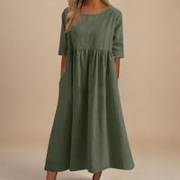 Mila | Gathered Waist Midi Dress with Three-Quarter Sleeves