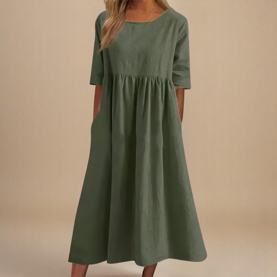 Mila | Gathered Waist Midi Dress with Three-Quarter Sleeves