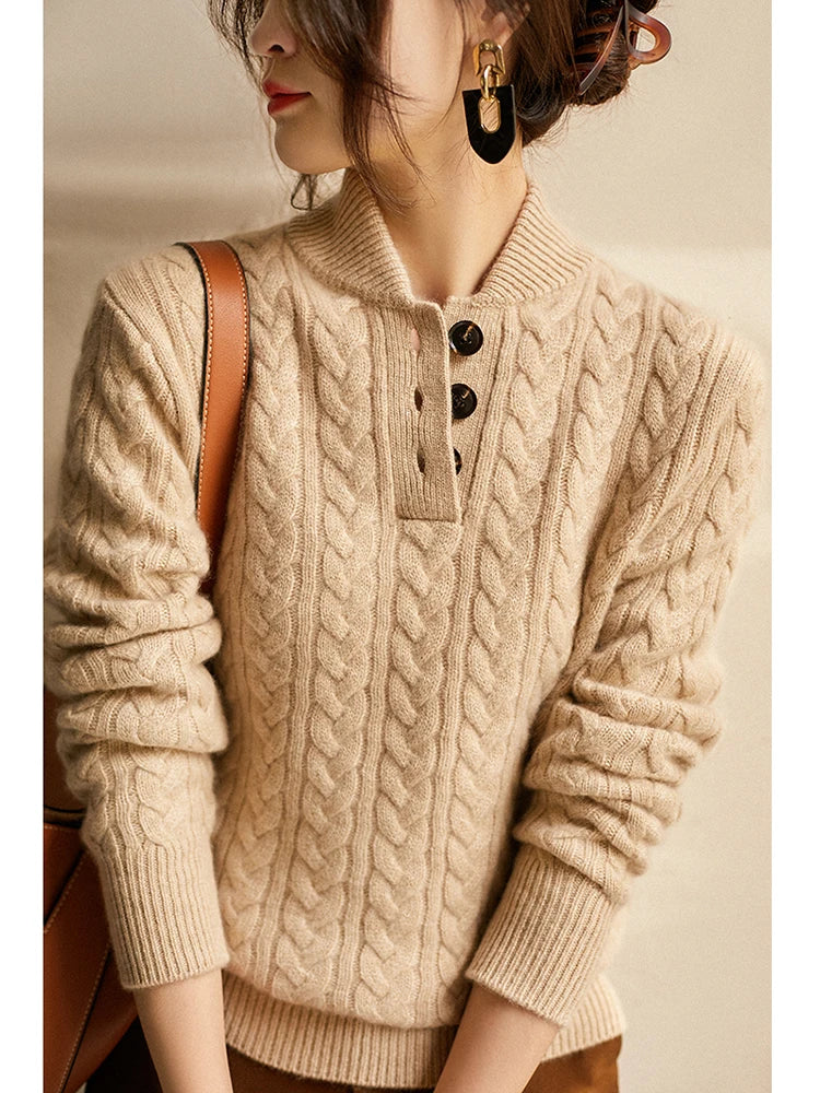 Freja | Button-Up Cable Knit Sweater with Ribbed Hem for Women