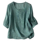 Ava | Embroidered Round-Neck Blouse with Long Puff Sleeves for Women
