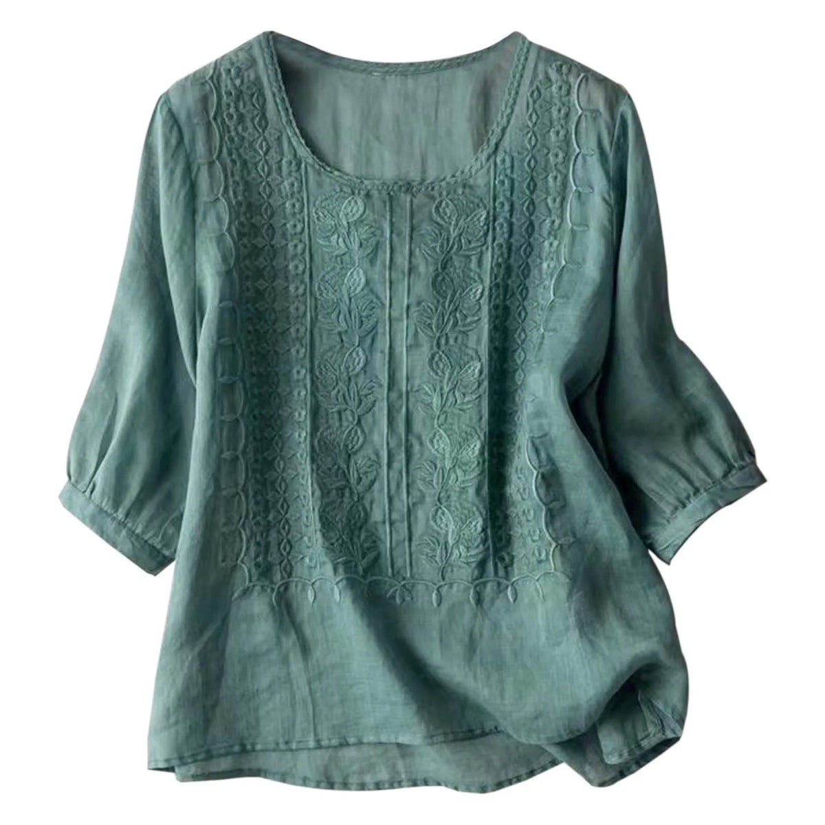Ava | Embroidered Round-Neck Blouse with Long Puff Sleeves for Women