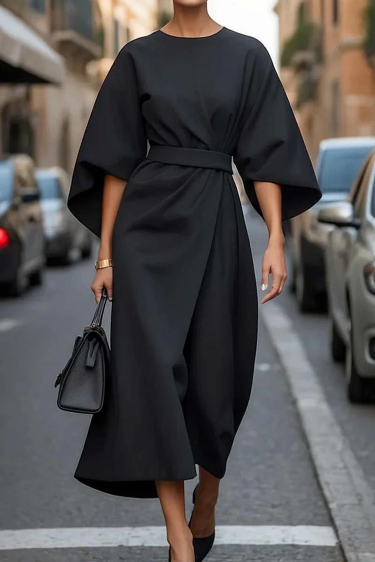 Naia | Belted Midi Dress with Lantern Sleeves for Women