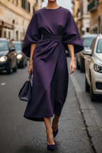 Naia | Belted Midi Dress with Lantern Sleeves for Women
