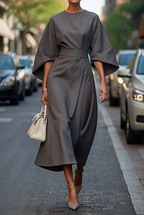 Naia | Belted Midi Dress with Lantern Sleeves for Women