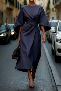Naia | Belted Midi Dress with Lantern Sleeves for Women