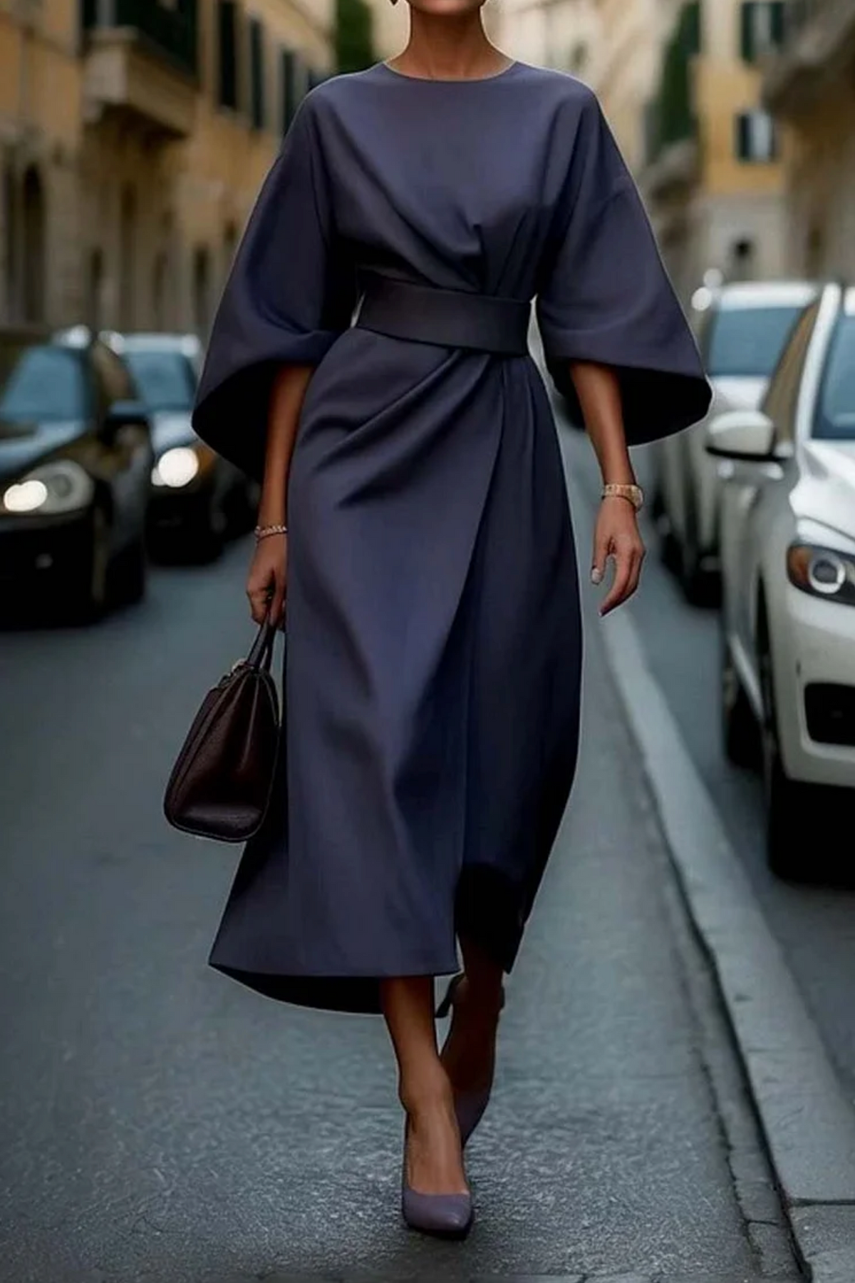 Naia | Belted Midi Dress with Lantern Sleeves for Women