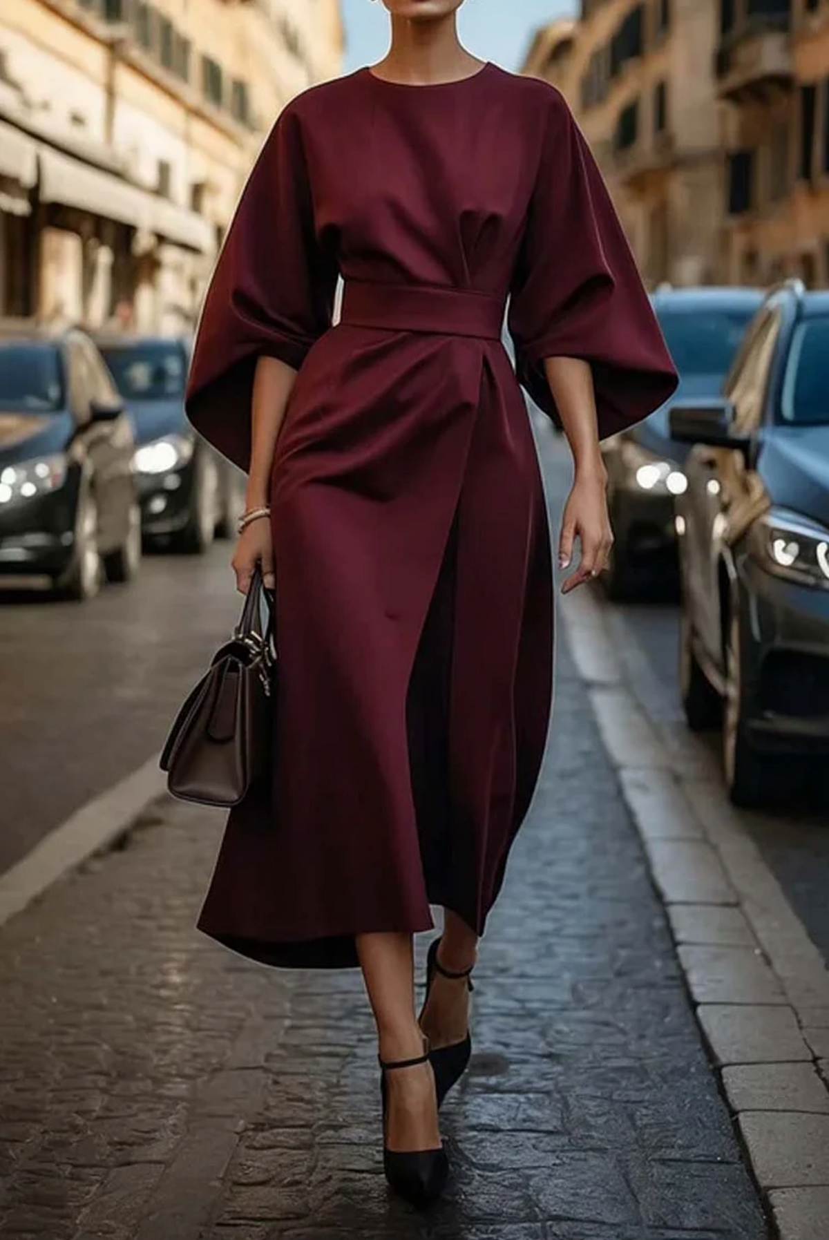Naia | Belted Midi Dress with Lantern Sleeves for Women
