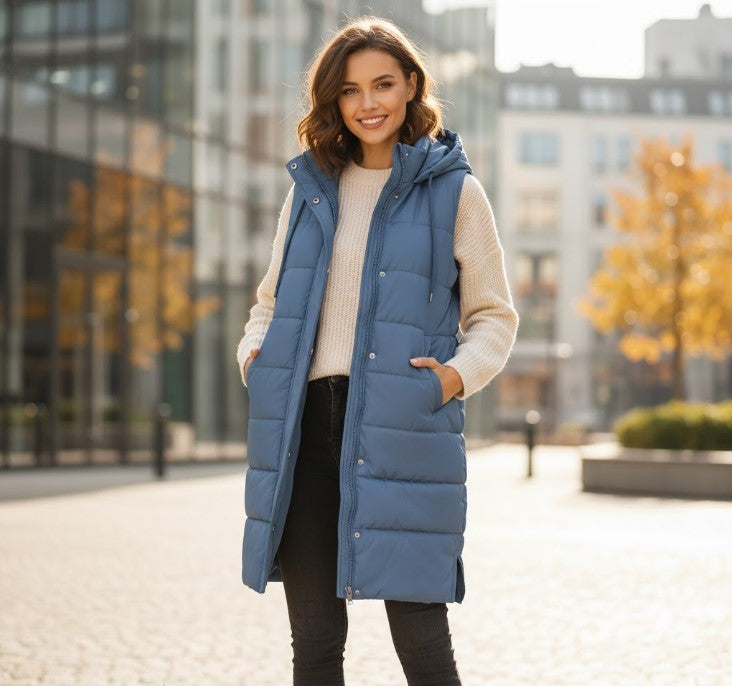 Priyanka | Knee-Length Quilted Zip-Front Puffer Vest with Hooded Collar for Women