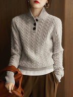 Freja | Button-Up Cable Knit Sweater with Ribbed Hem for Women