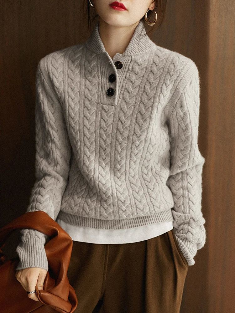 Freja | Button-Up Cable Knit Sweater with Ribbed Hem for Women