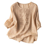 Ava | Embroidered Round-Neck Blouse with Long Puff Sleeves for Women