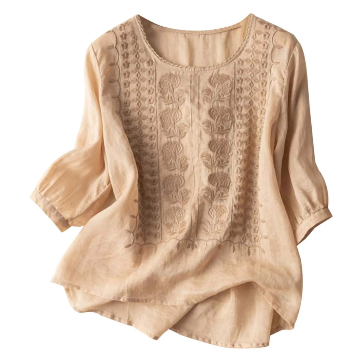 Ava | Embroidered Round-Neck Blouse with Long Puff Sleeves for Women