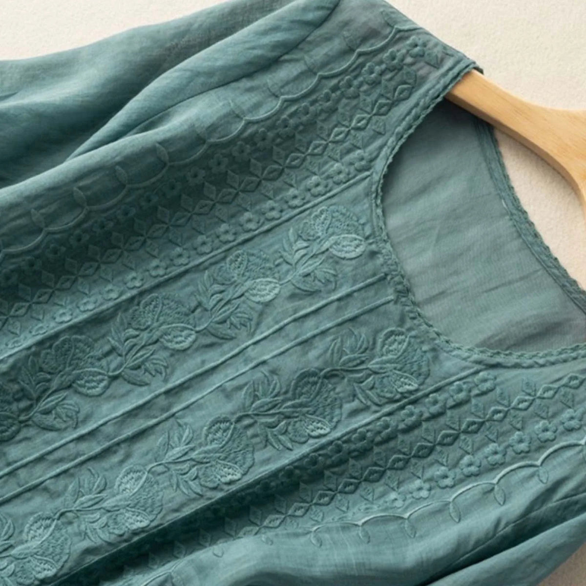Ava | Embroidered Round-Neck Blouse with Long Puff Sleeves for Women