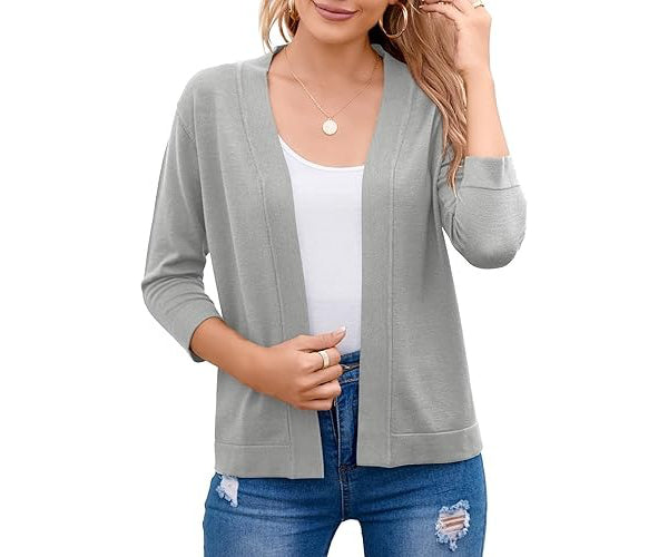 Nadalyra | Cropped Open-Front Cardigan with Mid-Length Sleeves