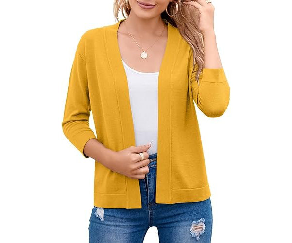 Nadalyra | Cropped Open-Front Cardigan with Mid-Length Sleeves