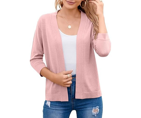 Nadalyra | Cropped Open-Front Cardigan with Mid-Length Sleeves
