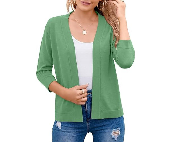 Nadalyra | Cropped Open-Front Cardigan with Mid-Length Sleeves