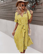 Yara | Floral Button-Front Midi Dress with V-Neck for Women