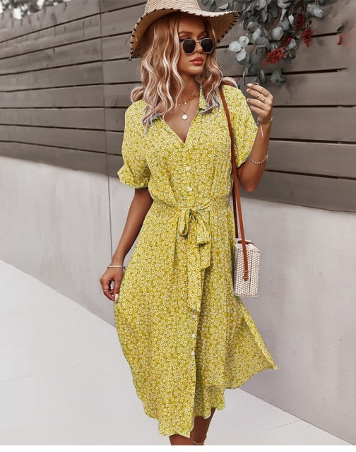 Yara | Floral Button-Front Midi Dress with V-Neck for Women