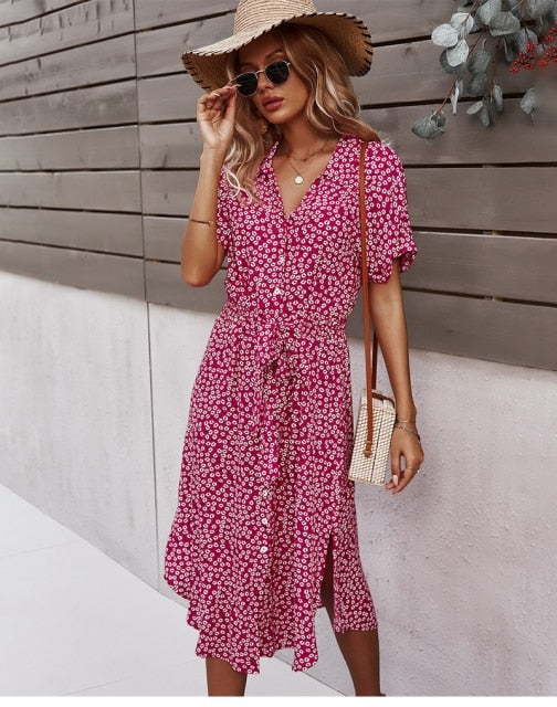 Yara | Floral Button-Front Midi Dress with V-Neck for Women