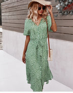 Yara | Floral Button-Front Midi Dress with V-Neck for Women