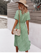 Yara | Floral Button-Front Midi Dress with V-Neck for Women