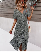 Yara | Floral Button-Front Midi Dress with V-Neck for Women